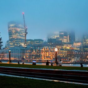 Night view of London at fog and rain, United Kingdom